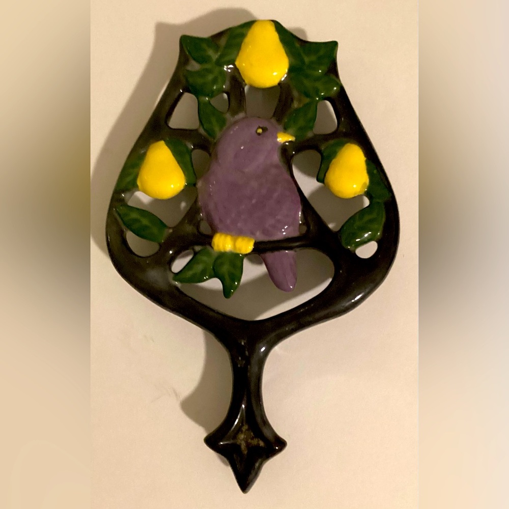 Bird & Pear Ceramic Trivet, Vintage